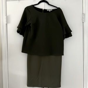 Olive green two piece workwear pencil skirt & bell sleeve top - selling as set